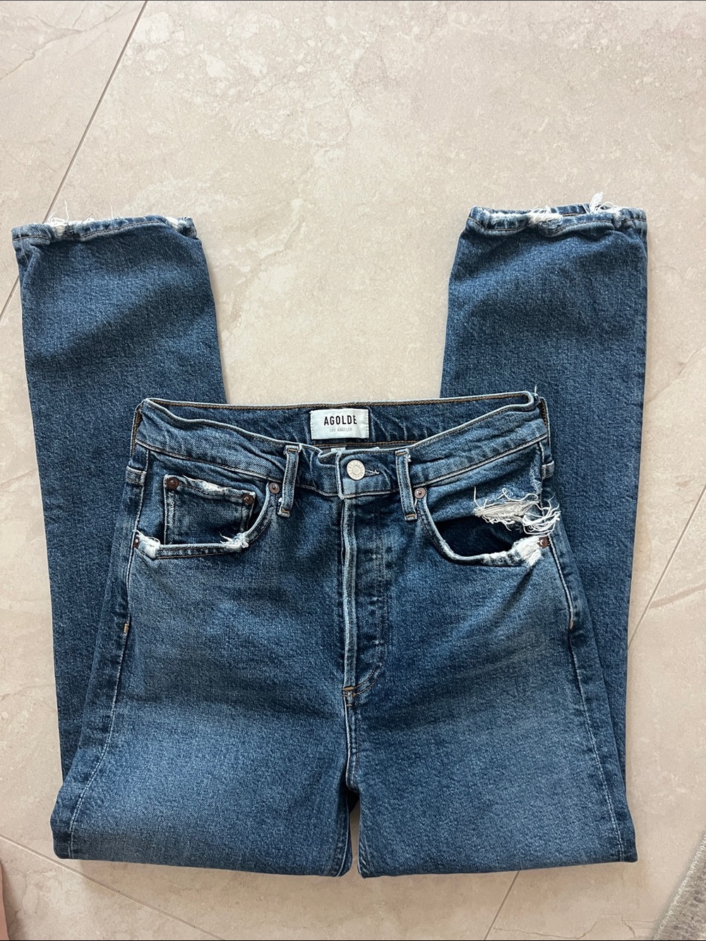 Agolde High-Rise Distressed Dark Blue Denim Jeans